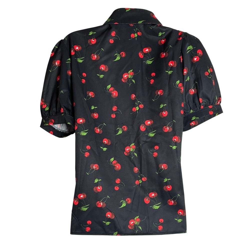 Black Cherry Print Puff Sleeve Button Down Blouse Rockabilly Retro Top | Medium - Picture 6 of 9